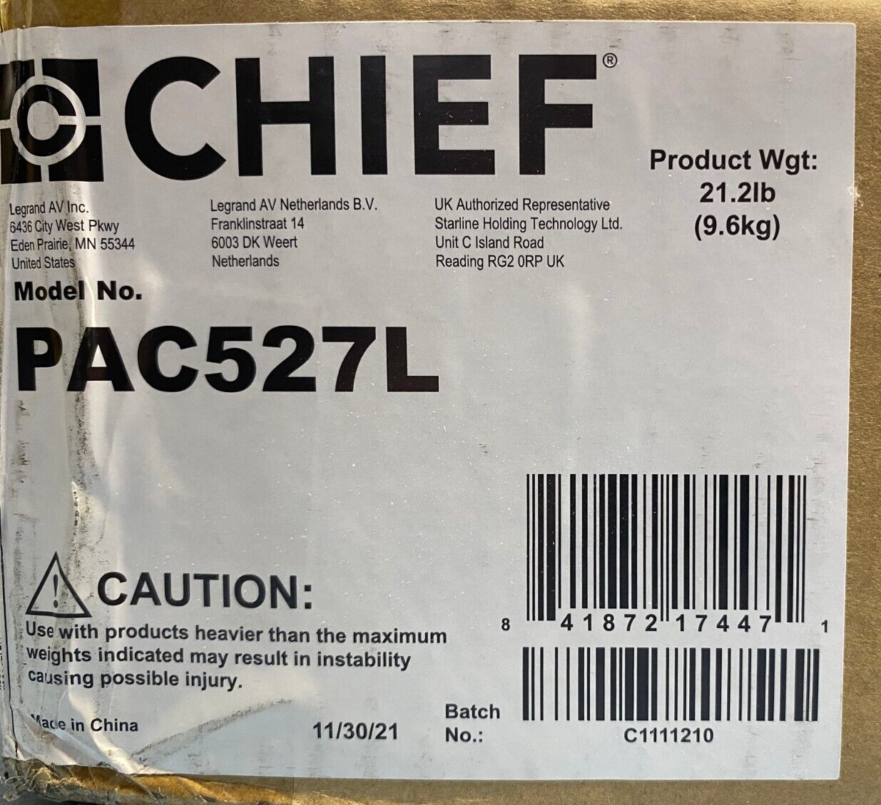 Chief PAC527L In-Wall Storage Box