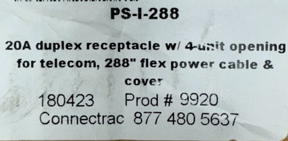 Connectrac PS-I-288 20A receptacle w/ 4-unit telecom opening, 288" cable & cover