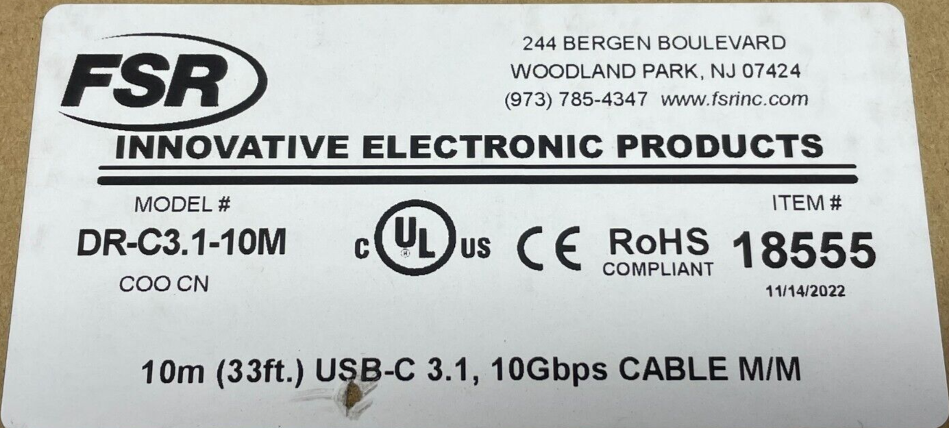 FSR DR-C3.1-10M USB-C 3.2 Gen 2 Digital Ribbon Cable (32.8') 10Gbps