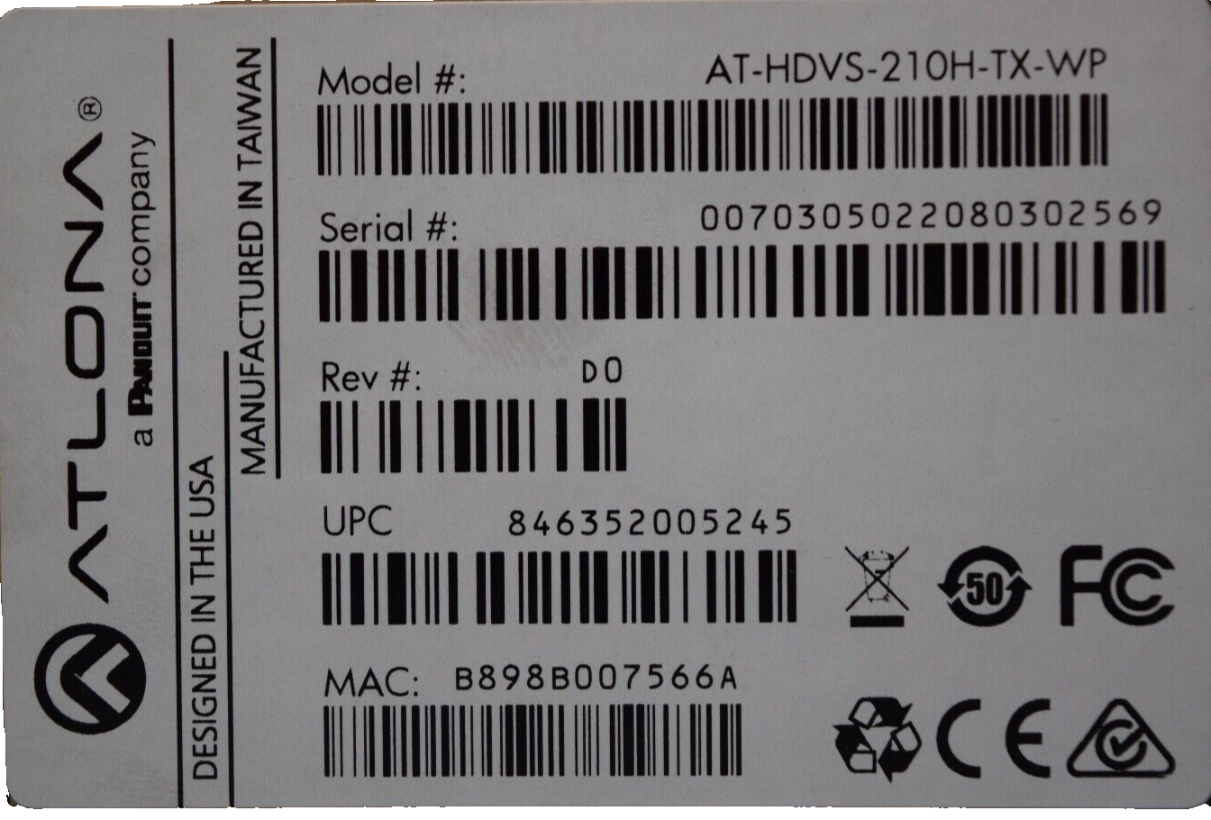 Atlona HDMI over Ethernet Transmitter AT-HDVS-210H-TX-WP