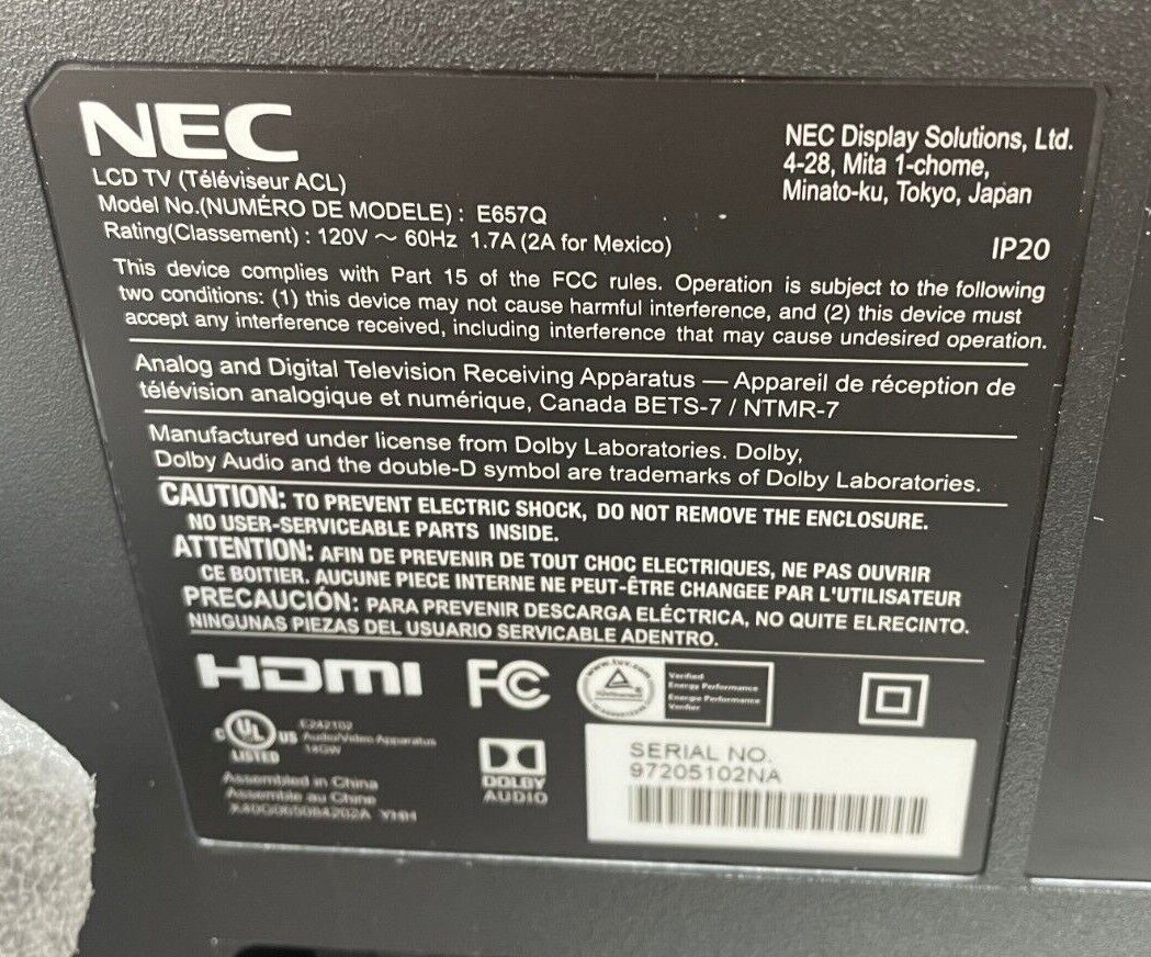NEC E657Q 65" 4K UHD Display with Integrated ATSC/NTSC Tuner