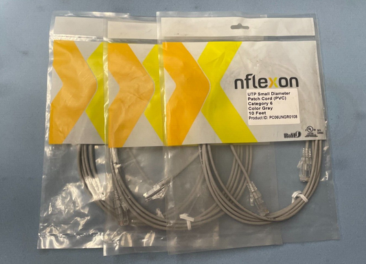 NFlexon UTP small diameter patch cord (PVC) Cat6 10’ Grey LOT OF 3