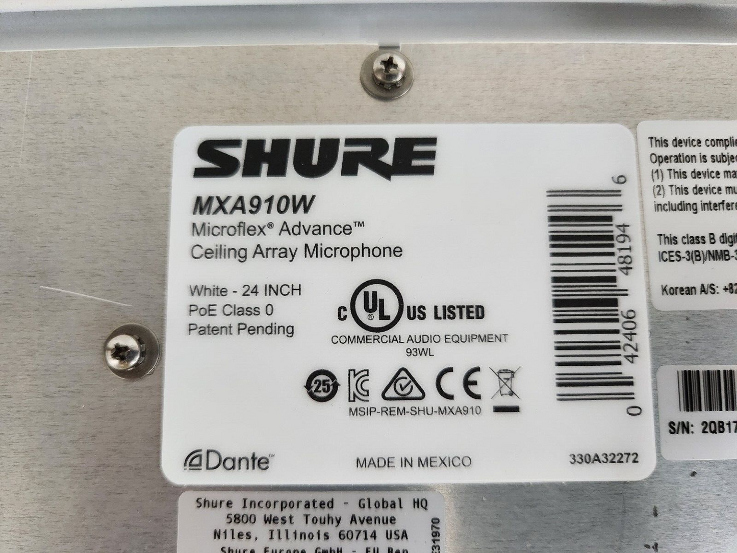 SHURE MXA910W-US - 24" Microflex Advance MXA910 Ceiling Array Microphone Dante