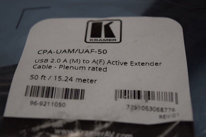 Kramer CPA-UAM/UAF-50 USB 2.0 A (M) to (F) Active Extender Cable 50' Plenum