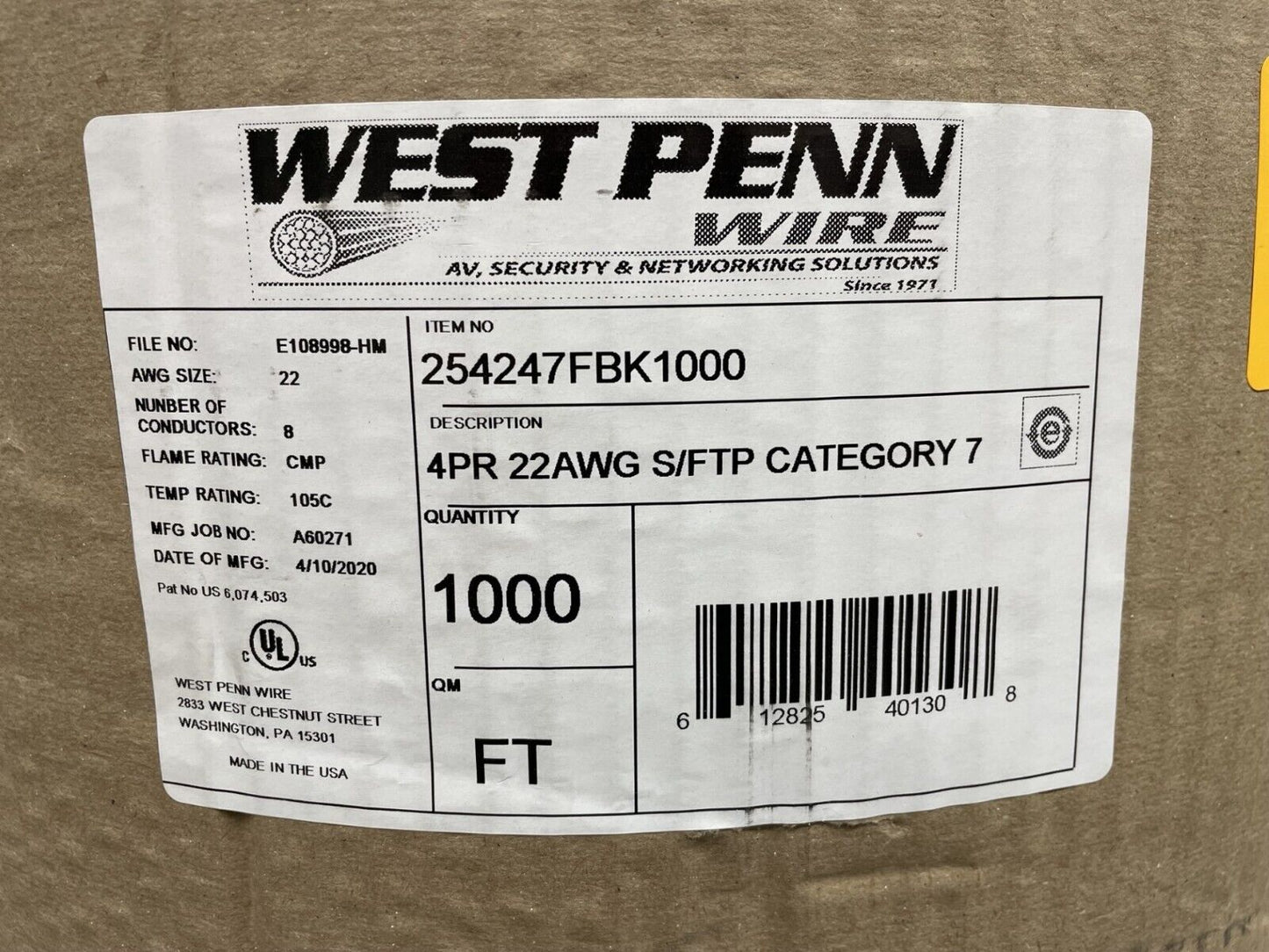 West Penn 254247F CAT7 Category 7 4-Pair 22AWG 1000' Spool Flexible Plenum Cable