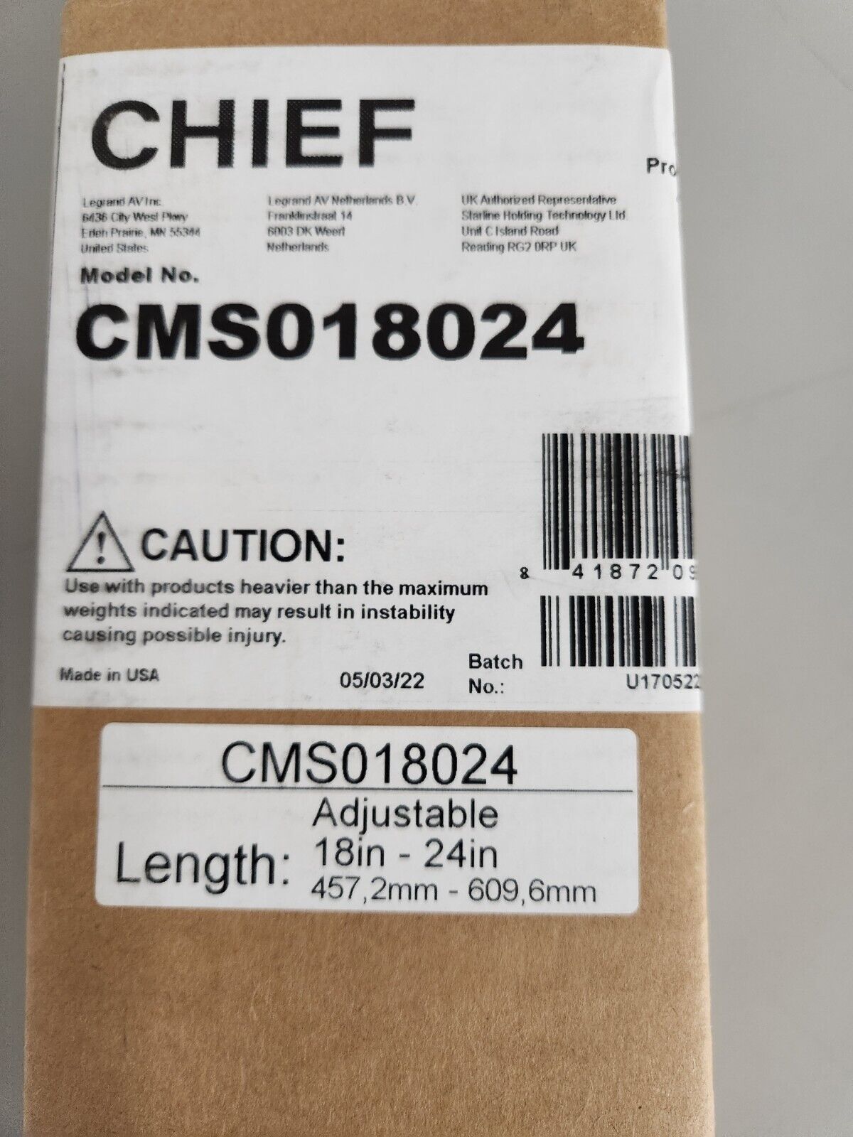 Chief CMS-018024 18-24" Speed-Connect Adjustable Extension Column (Black) NEW