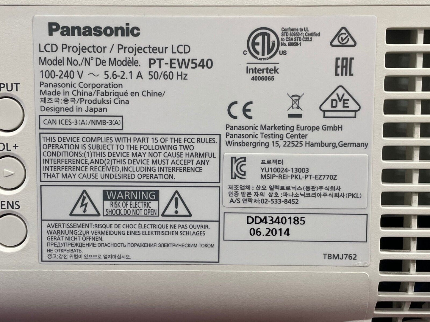 Panasonic PT-EW540 WXGA Large Venue Projector 2627 Lamp Hours