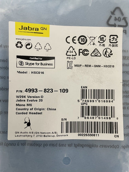 Jabra Evolve 20 Mono MS USB Headset - Model HSC016 / 4993-823-109 - LOT of 17