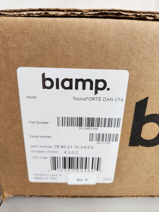 Biamp 911.0453.900 Tesira Forte DAN VT4 Fixed I/O DSP Digital Signal Processor