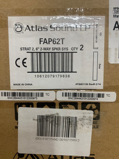 Atlas Sound FAP62T 6" In-Ceiling Coaxial Speaker 32W, 70/100V (Pair)
