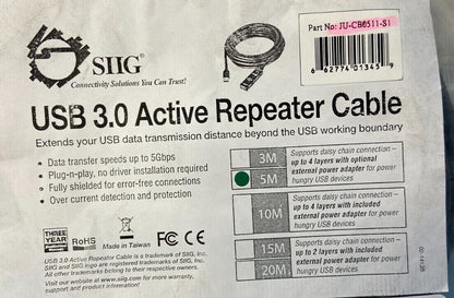 SIIG JU-CB0511-S1 Black USB 3.0 Active Repeater Cable / Lot of 2