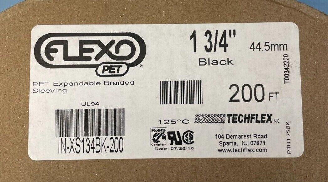 Techflex UB-XS134BK-200 Expandable Braided Sleeving, 200', 1 3/4"