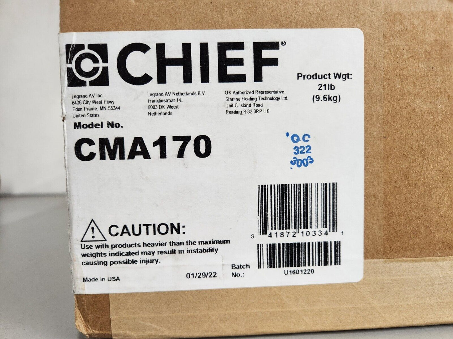 Chief In-Ceiling CPU Storage Enclosure Model CMA170 NEW