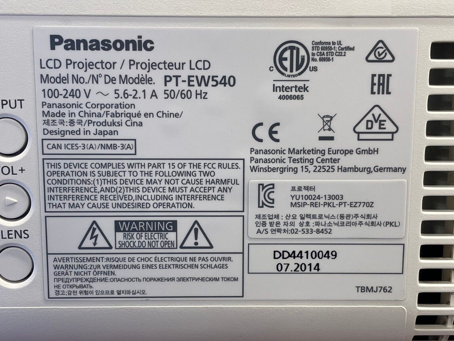 Panasonic PT-EW540 WXGA Large Venue Projector 1266 Lamp Hours