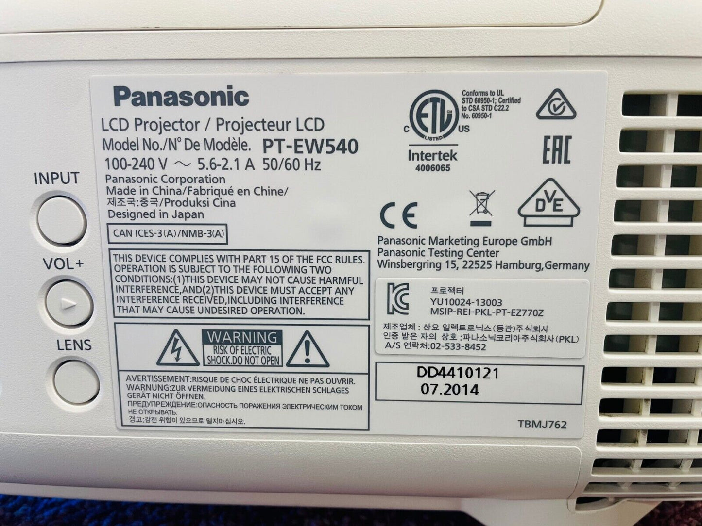 Panasonic PT-EW540 WXGA Large Venue Projector 776 Lamp Hours