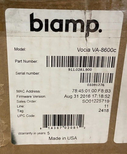 Biamp Vocia VA-8600c Networked Multi-channel Amplifier - 911.0281.900
