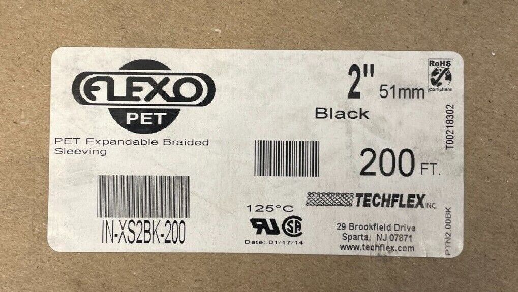 Techflex UB-XS2BK-200 Expandable Braided Sleeving, 200', 2" | 2.00BK