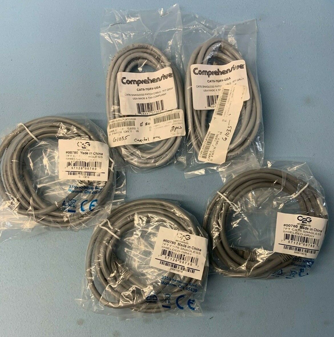 Lot of 5 Comprehensive CAT6 550 MHz Snagless Patch 7ft Gray Cables CAT6-7GRY-USA