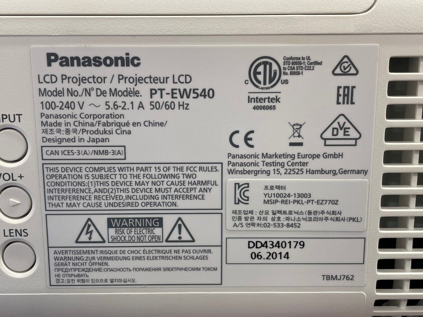 Panasonic PT-EW540 WXGA Large Venue Projector 443 Lamp Hours